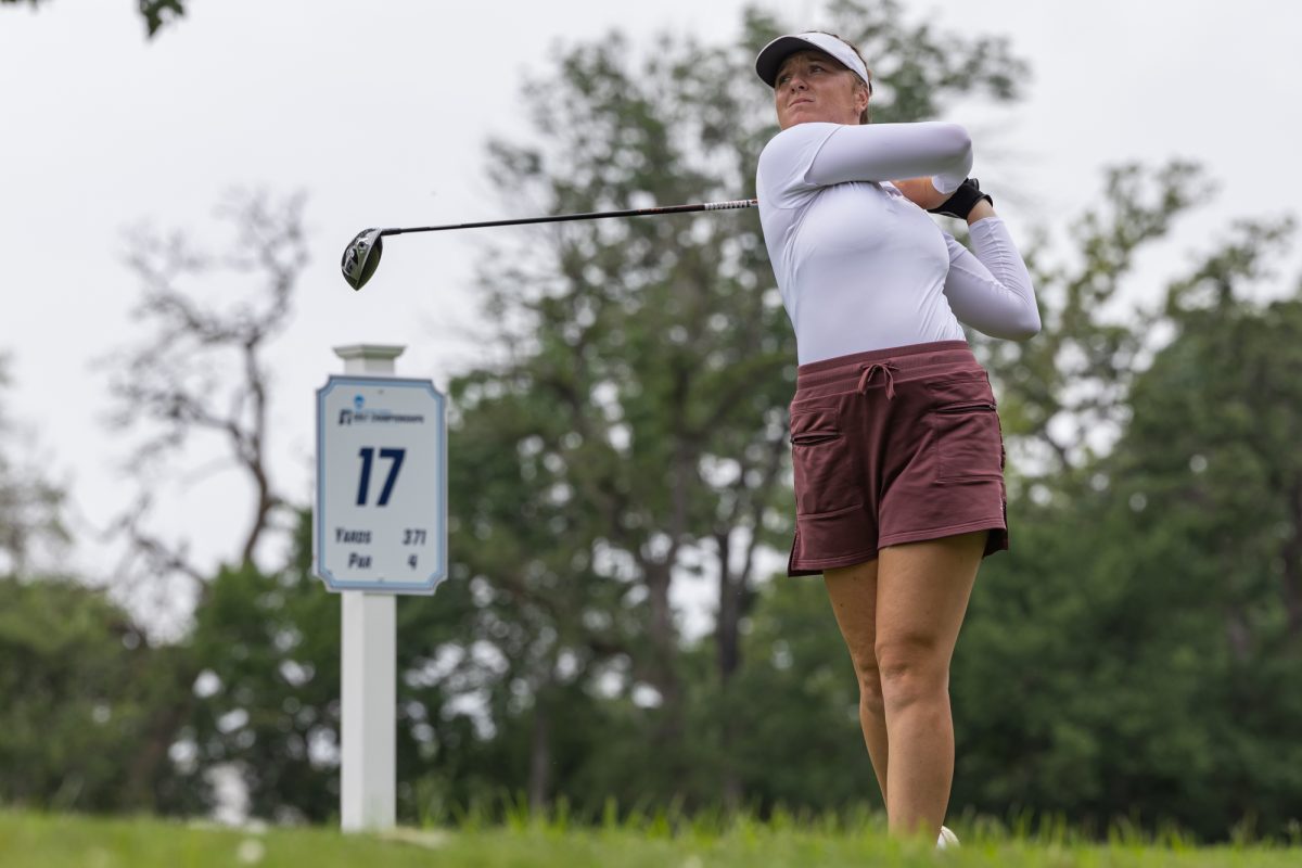 Junior Adela Cernousek tees off during the Bryan Regional of the NCAA Women’s Golf Championship at Traditions Golf Club on Monday, May 6, 2024. (Chris Swann/ The Battalion)
