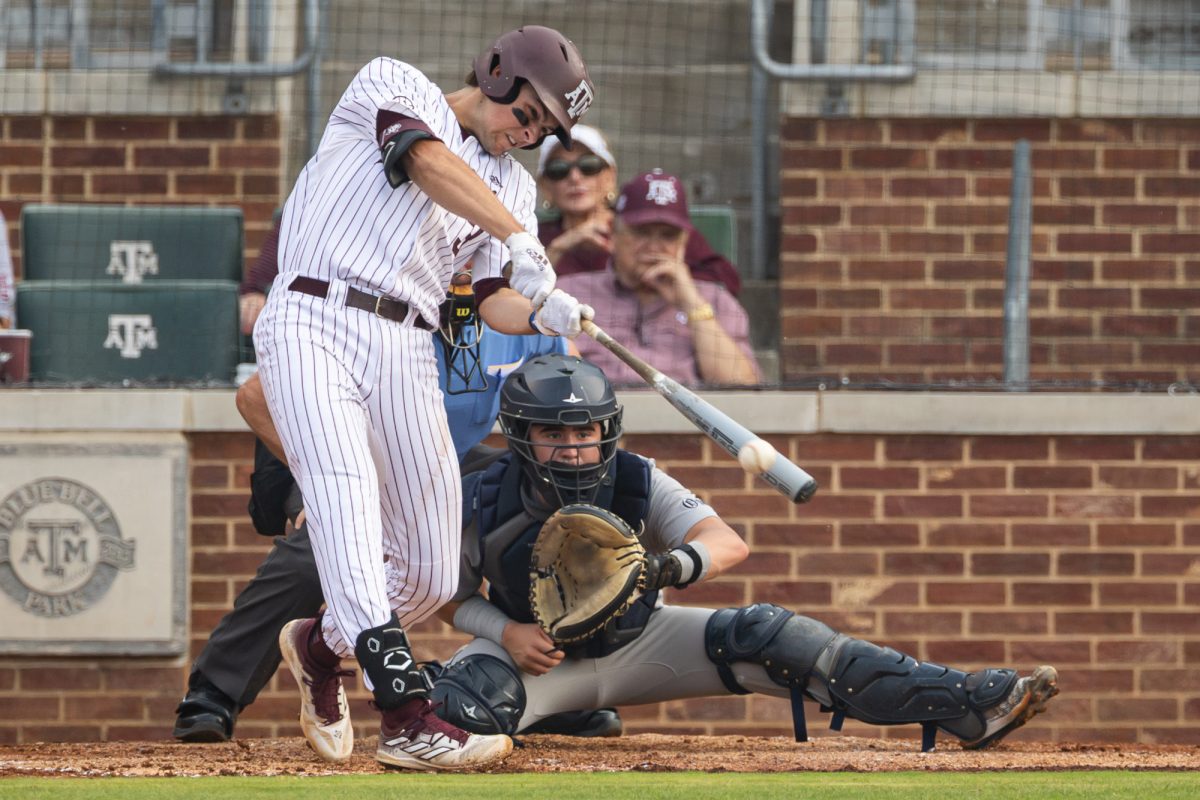 Texas A&M infielder Kaeden Kent (3) hits the ball during Texas A&M’s game against Rice at Olsen Field on Tuesday, May 7, 2024. (Chris Swann/The Battalion)
