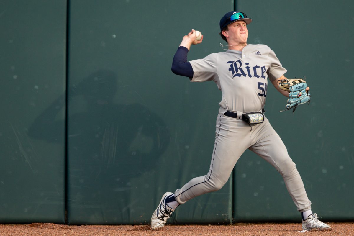 Rice outfielder Kyte McDonald (50) throws the ball during Texas A&M’s game against Rice at Olsen Field on Tuesday, May 7, 2024. (Chris Swann/The Battalion)