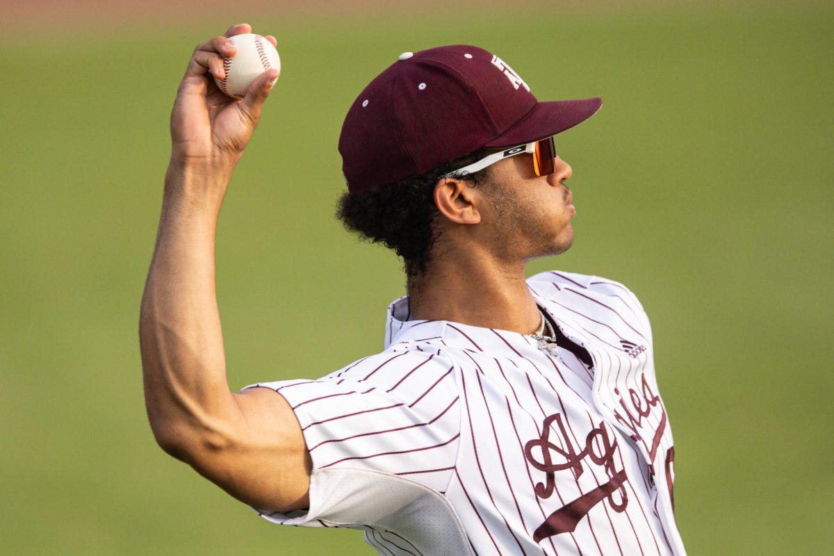Texas A&M outfielder Braden Montgomery (6) throws the ball during Texas A&M’s game against Rice at Olsen Field on Tuesday, May 7, 2024. (Chris Swann/The Battalion)