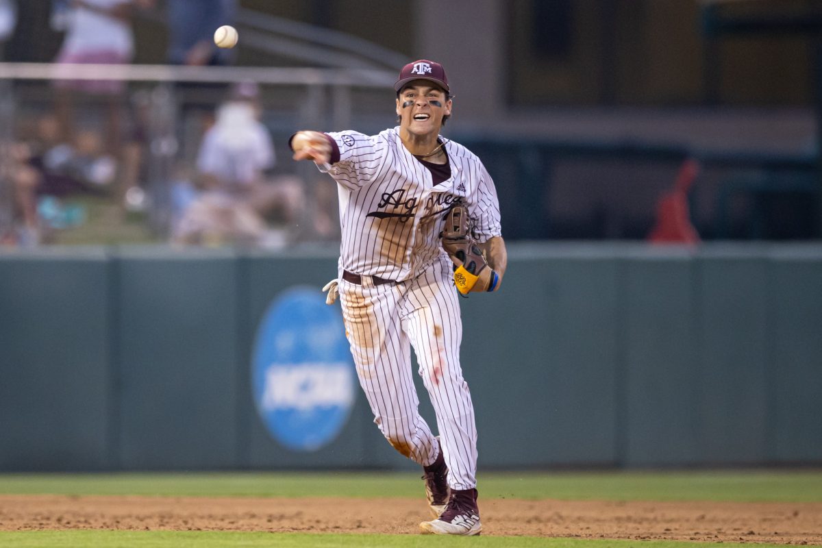 Texas A&M infielder Kaeden Kent (3) throws the ball during Texas A&M’s game against Rice at Olsen Field on Tuesday, May 7, 2024. (Chris Swann/The Battalion)