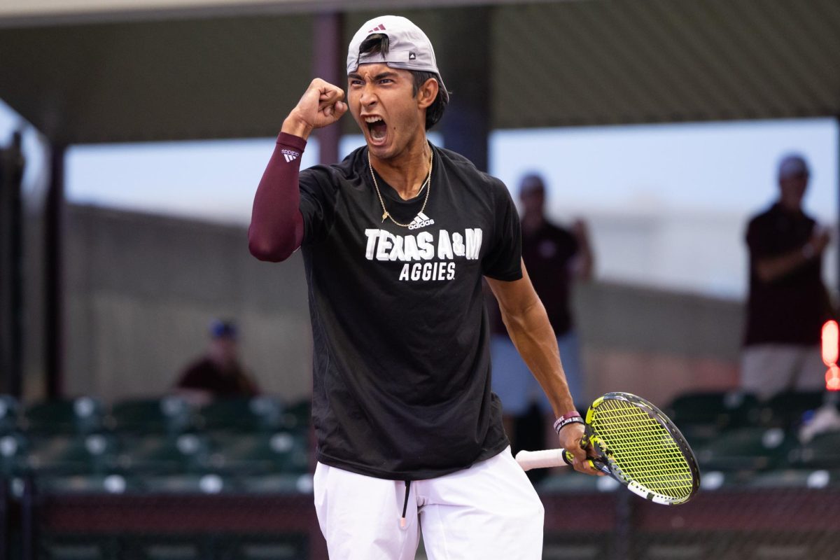 Junior J.C. Roddick reacts after scoring a point during Texas A&M’s match against San Diego at the NCAA Men’s Tennis Regional at Mitchell Tennis Center on Saturday, May 4, 2024. (Chris Swann/The Battalion)