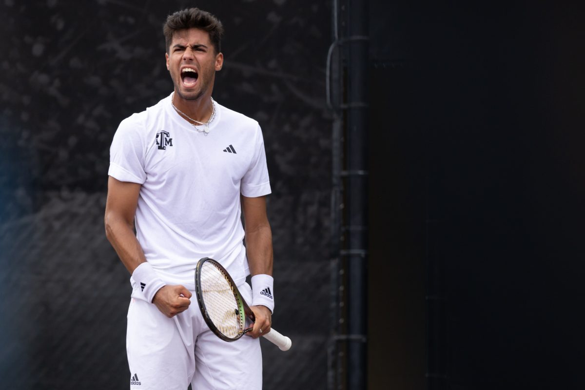 Sophomore Togan Tokac reacts after scoring a point during Texas A&amp;M’s match against San Diego in the second round of the NCAA Men’s Tennis Regional at Mitchell Tennis Center on Saturday, May 4, 2024. (Chris Swann/The Battalion)