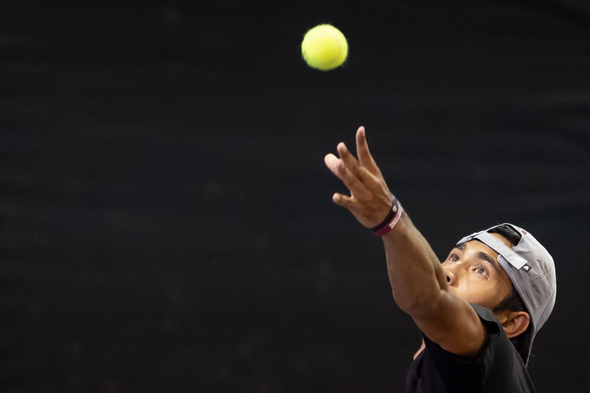 Junior J.C. Roddick serves during Texas A&amp;M’s match against San Diego in the second round of the NCAA Men’s Tennis Regional at Mitchell Tennis Center on Saturday, May 4, 2024. (Chris Swann/The Battalion)