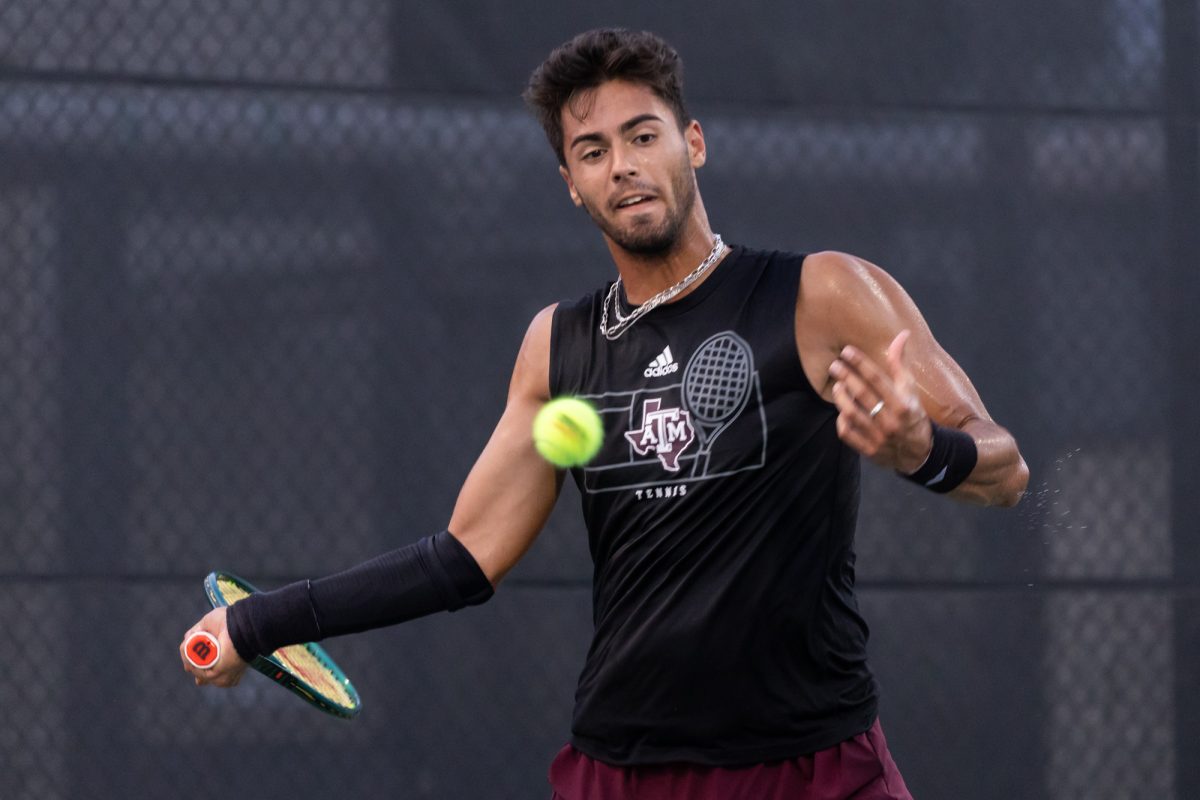 Sophomore Togan Tokac watches the ball during Texas A&M’s match against Texas at Texas Tennis Center in Austin on Friday, May 10, 2024. (Chris Swann/The Battalion)