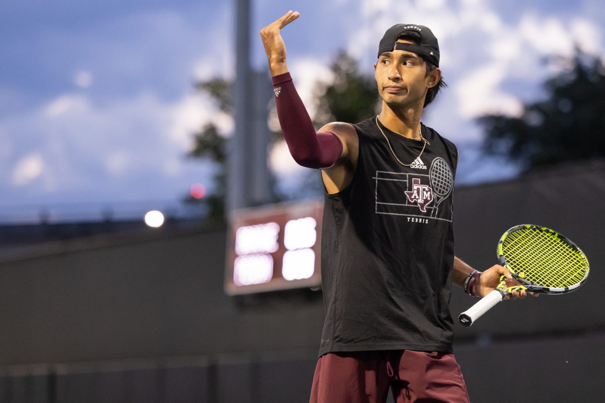 Junior JC Roddick reacts after scoring a point during Texas A&M’s match against Texas at Texas Tennis Center in Austin on Friday, May 10, 2024. (Chris Swann/The Battalion)