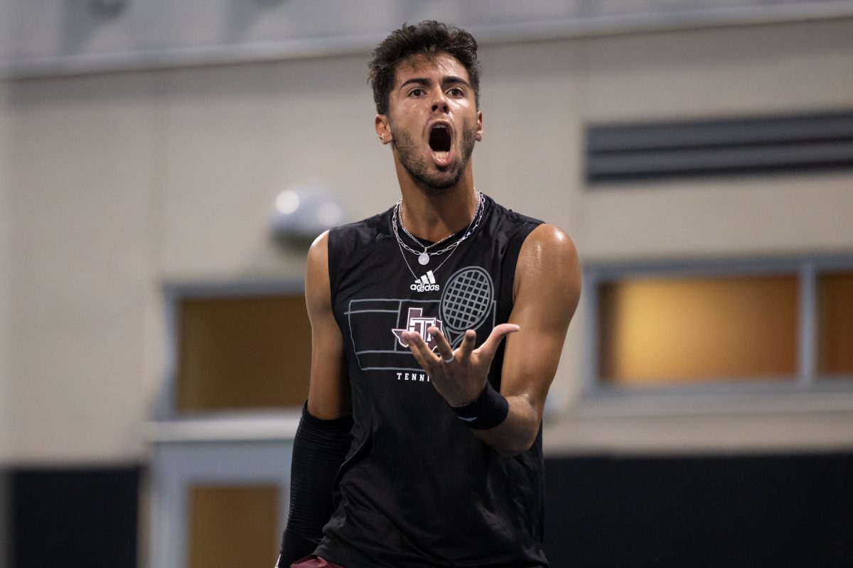 Sophomore Togan Tokac reacts to a call during Texas A&M’s match against Texas at Texas Tennis Center in Austin on Friday, May 10, 2024. (Chris Swann/The Battalion)