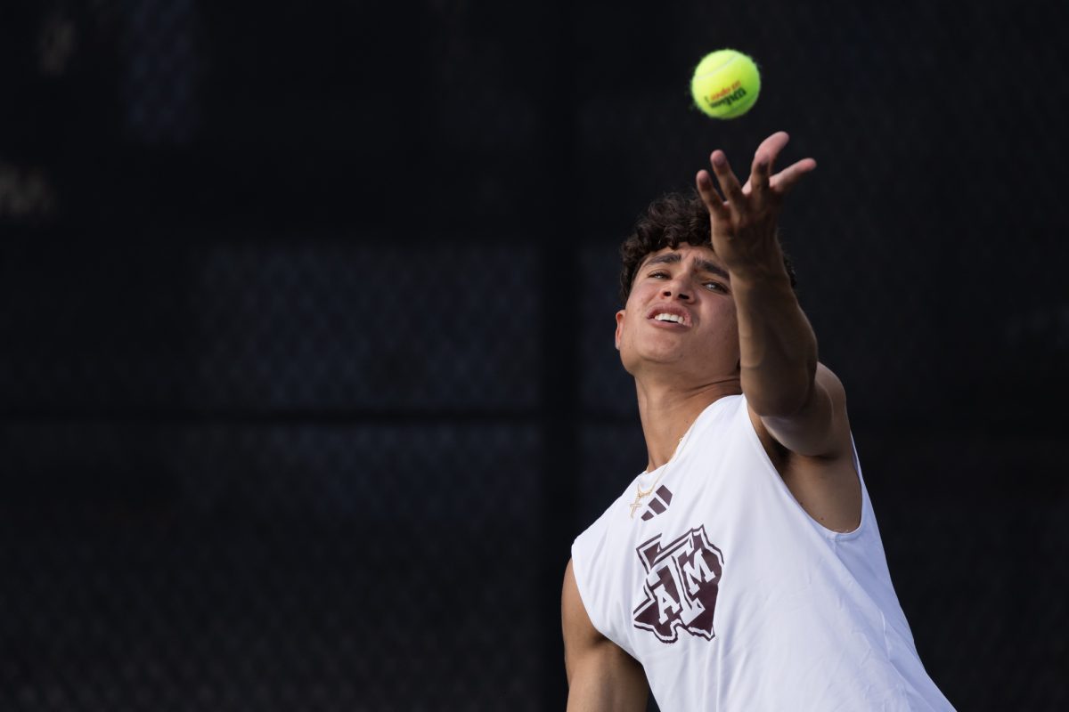 Freshman Tiago Pires serves during Texas A&amp;M’s match against Texas at Texas Tennis Center in Austin on Friday, May 10, 2024. (Chris Swann/The Battalion)