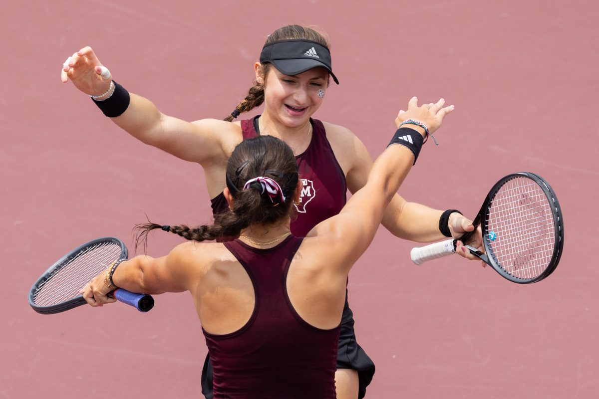 Junior Mary Stoiana and Sophomore Mia Kupres react after scoring the final point to win the doubles match during Texas A&M’s match against Oklahoma in the second round of NCAA Women’s Tennis Regional at Mitchell Tennis Center on Sunday, May 5, 2024. (Chris Swann/The Battalion)