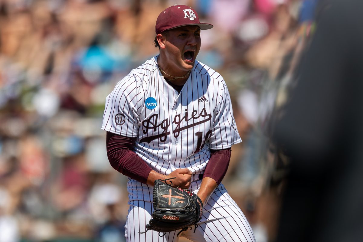 Texas A&M pitcher Chris Cortez (10) reacts during Texas A&M’s game against Oregon at the NCAA Bryan-College Station Super Regional at Olsen Field on Saturday, June 8, 2024. (CJ Smith/The Battalion)