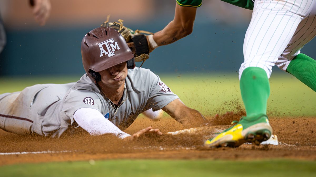 Texas A&M infielder Ali Camarillo (2) slides into third base during Texas A&M’s game against Oregon at the NCAA Bryan-College Station Super Regional at Olsen Field on Sunday, June 9, 2024. (CJ Smith/The Battalion)