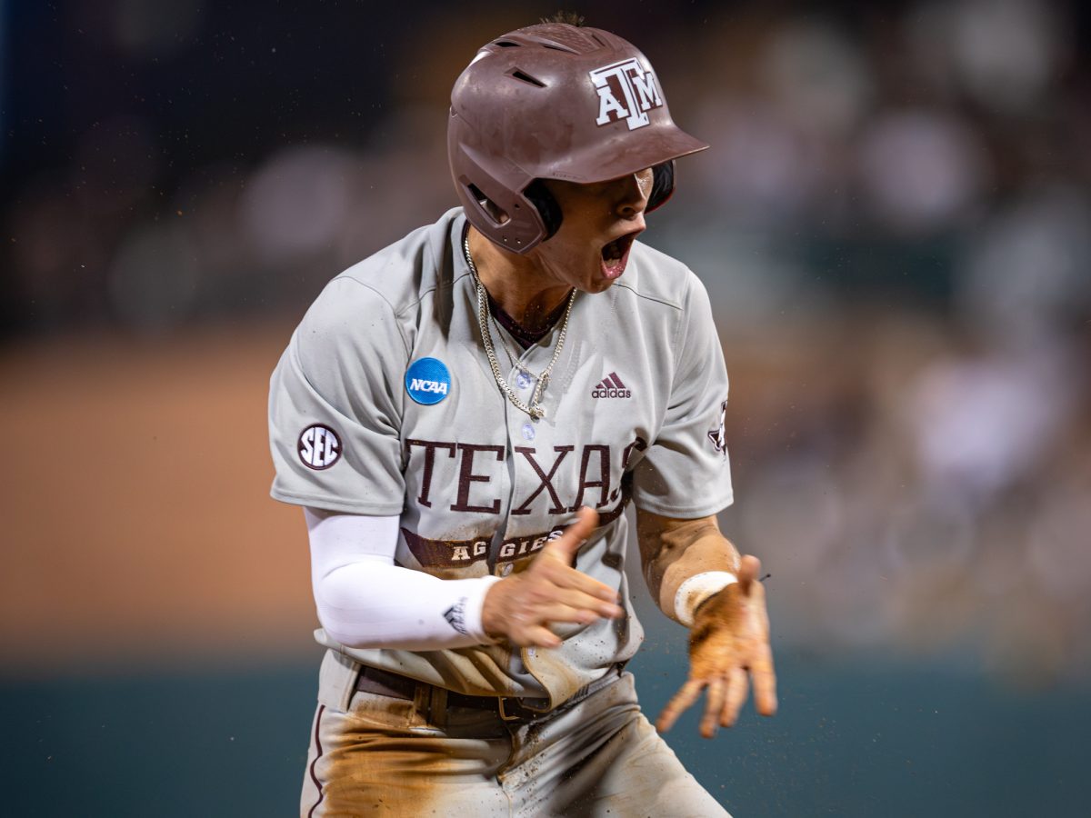 Texas A&M infielder Ali Camarillo (2) reacts during Texas A&M’s game against Oregon at the NCAA Bryan-College Station Super Regional at Olsen Field on Sunday, June 9, 2024. (CJ Smith/The Battalion)