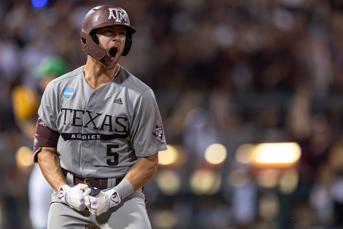 Texas A&M outfielder Hayden Schott (5) reacts after hitting a home-run during Texas A&M’s game against Oregon at the NCAA Bryan-College Station Super Regional at Olsen Field on Sunday, June 9, 2024. (CJ Smith/The Battalion)