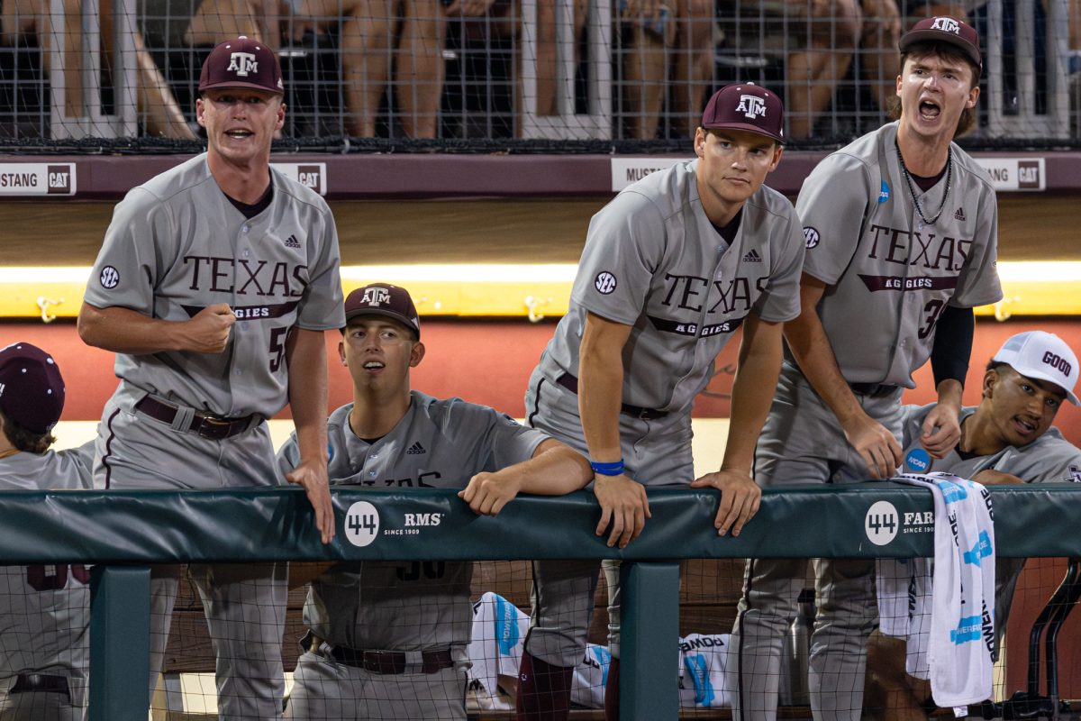 The Aggies react during Texas A&M’s game against Oregon at the NCAA Bryan-College Station Super Regional at Olsen Field on Sunday, June 9, 2024. (CJ Smith/The Battalion)