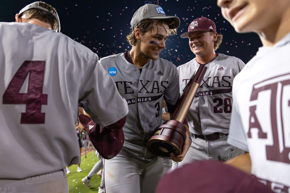 Texas A&M infielder Kaeden Kent (3) reacts after The Aggies win the NCAA Bryan-College Station Super Regional at Olsen Field on Sunday, June 9, 2024. (CJ Smith/The Battalion)