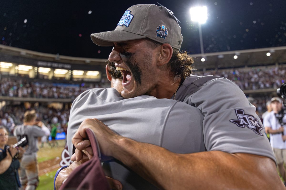Texas A&M outfielder Jace Laviolette (17) reacts after The Aggies win the NCAA Bryan-College Station Super Regional at Olsen Field on Sunday, June 9, 2024. (CJ Smith/The Battalion)