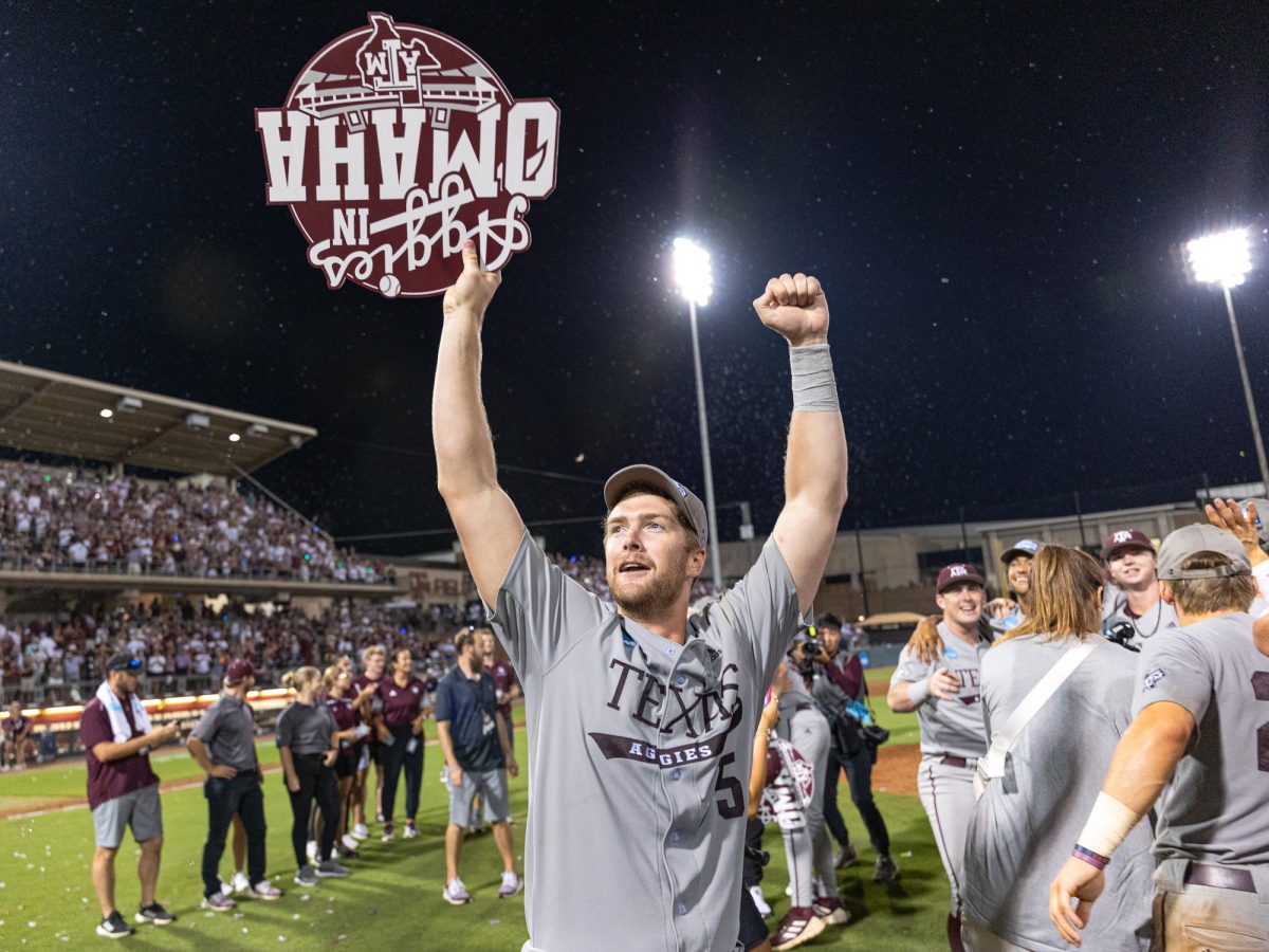 Texas A&M outfielder Hayden Schott (5) reacts after The Aggies win the NCAA Bryan-College Station Super Regional at Olsen Field on Sunday, June 9, 2024. (CJ Smith/The Battalion)
