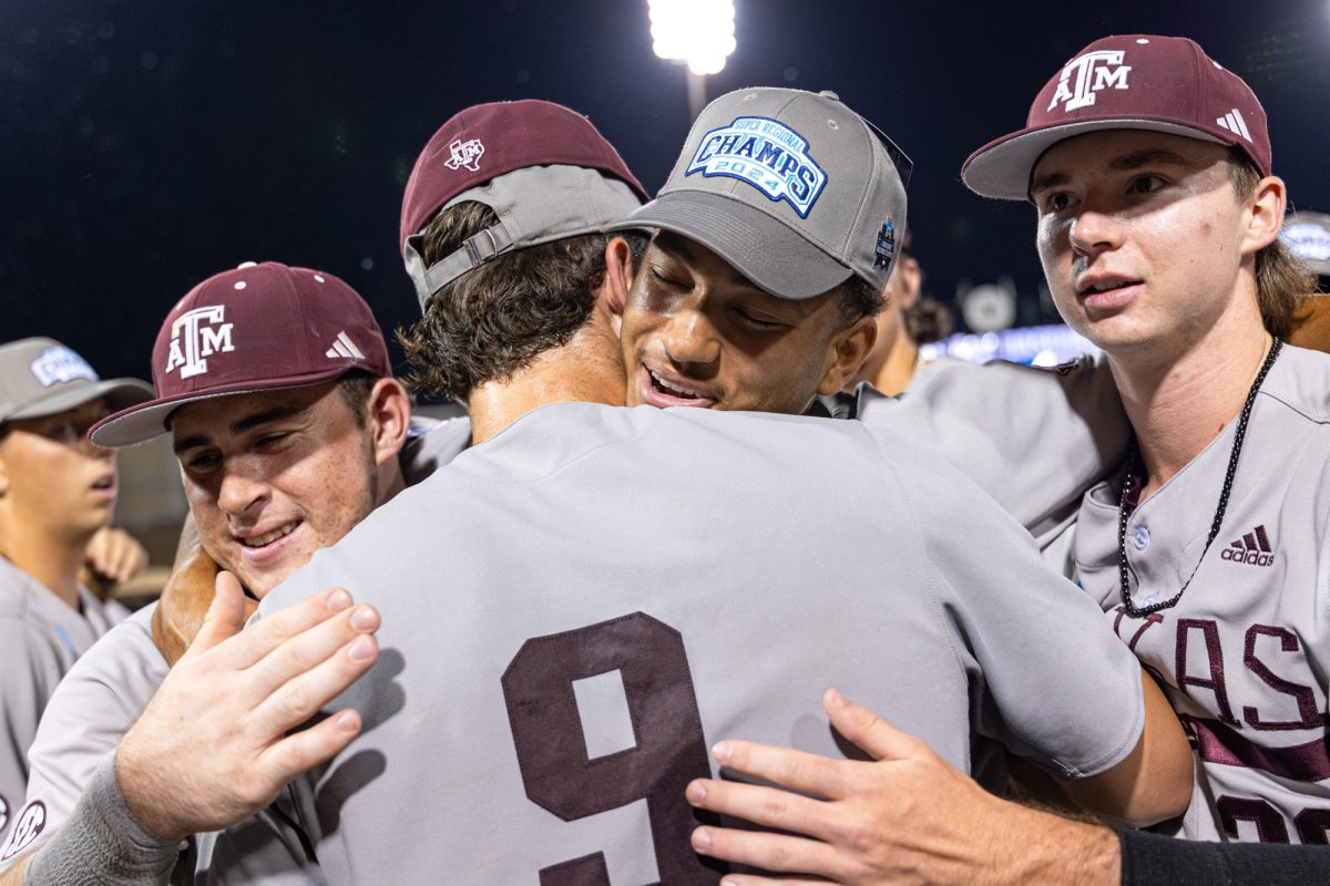 Texas A&M outfielder Braden Montgomery (6) hugs Texas A&M utility Gavin Grahovac (9) after The Aggies win the NCAA Bryan-College Station Super Regional at Olsen Field on Sunday, June 9, 2024. (CJ Smith/The Battalion)