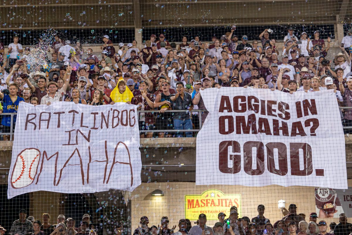 Texas A&M fans react after The Aggies win the NCAA Bryan-College Station Super Regional at Olsen Field on Sunday, June 9, 2024. (CJ Smith/The Battalion)