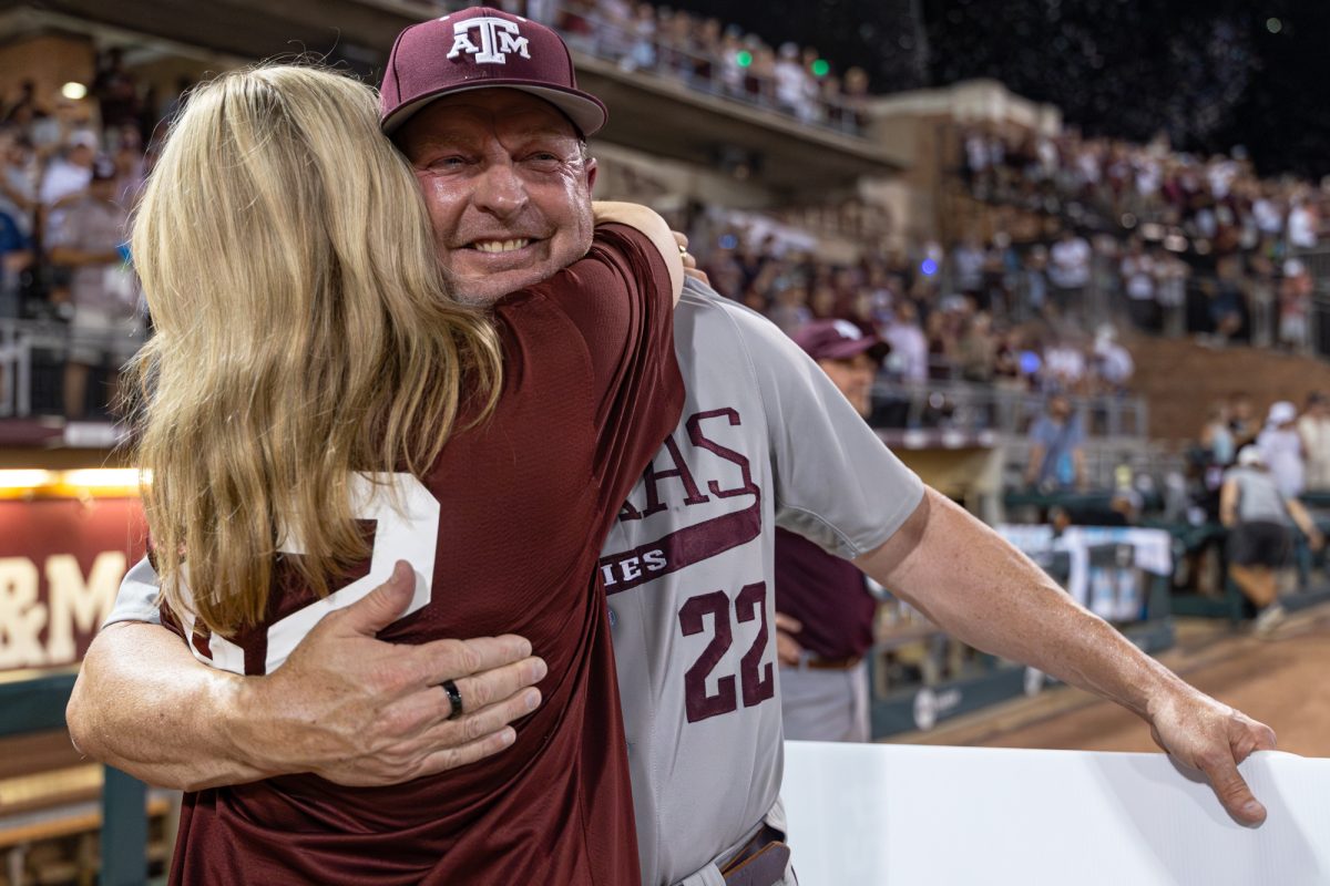Texas A&M head coach Jim Schlossnagle reacts after The Aggies win the NCAA Bryan-College Station Super Regional at Olsen Field on Sunday, June 9, 2024. (CJ Smith/The Battalion)