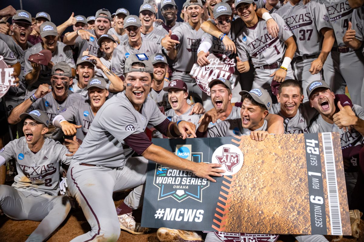 The+Aggies+react+after+punching+their+ticket+to+the+College+World+Series+after+NCAA+Bryan-College+Station+Super+Regional+at+Olsen+Field+on+Sunday%2C+June+9%2C+2024.+%28CJ+Smith%2FThe+Battalion%29