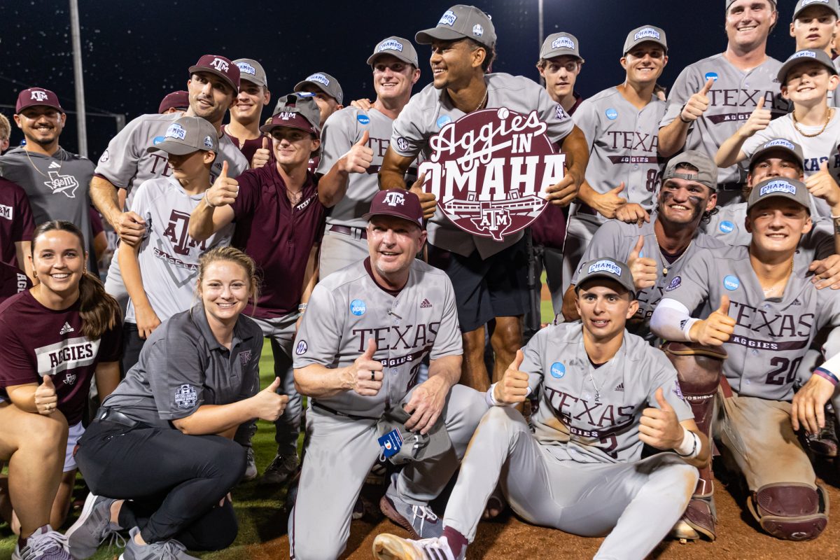 Texas A&M head coach Jim Schlossnagle and the Aggies react after they win the NCAA Bryan-College Station Super Regional at Olsen Field on Sunday, June 9, 2024. (CJ Smith/The Battalion)
