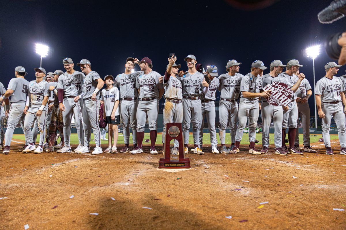 The Aggies prepare for the War Hymn after The Aggies win the NCAA Bryan-College Station Super Regional at Olsen Field on Sunday, June 9, 2024. (CJ Smith/The Battalion)