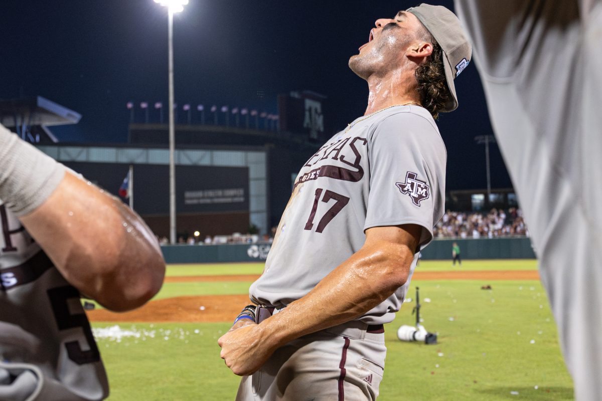 Texas A&M outfielder Jace Laviolette (17) reacts after The Aggies win the NCAA Bryan-College Station Super Regional at Olsen Field on Sunday, June 9, 2024. (CJ Smith/The Battalion)