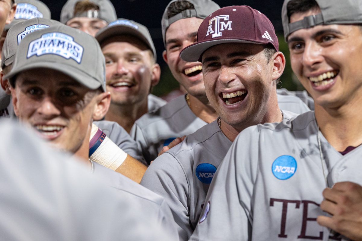 Texas A&M infielder Ryan Targac (12) react after The Aggies win the NCAA Bryan-College Station Super Regional at Olsen Field on Sunday, June 9, 2024. (CJ Smith/The Battalion)