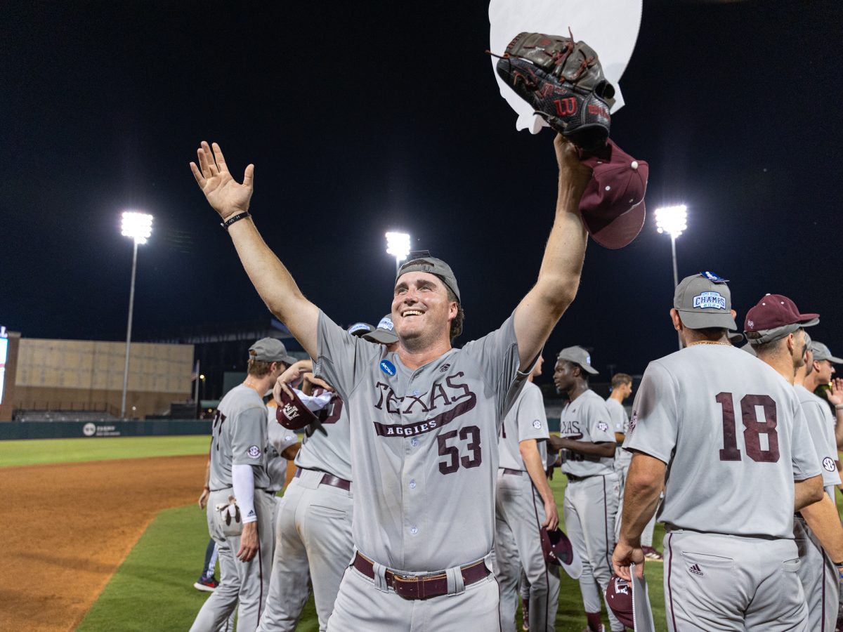 Texas A&M pitcher Evan Aschenbeck (53) reacts after The Aggies win the NCAA Bryan-College Station Super Regional at Olsen Field on Sunday, June 9, 2024. (CJ Smith/The Battalion)