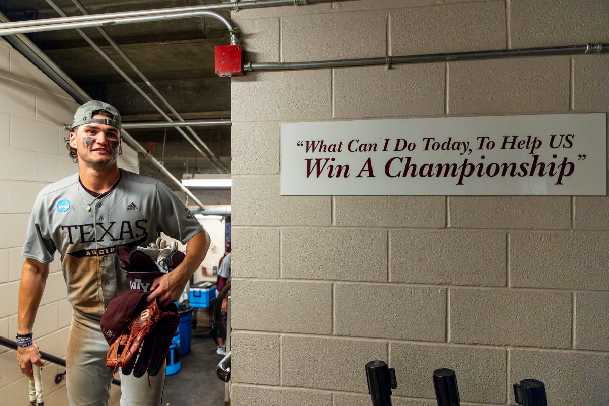 Texas A&M outfielder Jace Laviolette (17) after The Aggies win the NCAA Bryan-College Station Super Regional at Olsen Field on Sunday, June 9, 2024. (CJ Smith/The Battalion)