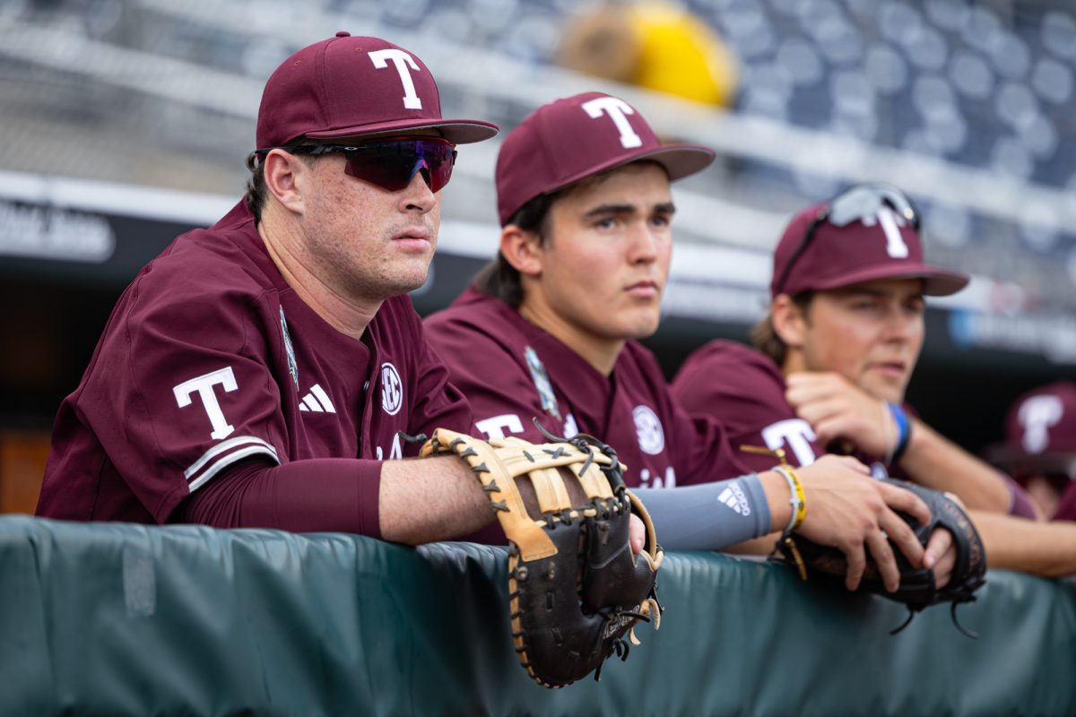 Texas A&M infielder Ryan Targac (12) before Texas A&M’s game against Florida at the NCAA Men’s College World Series semifinals at Charles Schwab Field in Omaha, Nebraska on Wednesday, June 19, 2024. (Chris Swann/The Battalion)