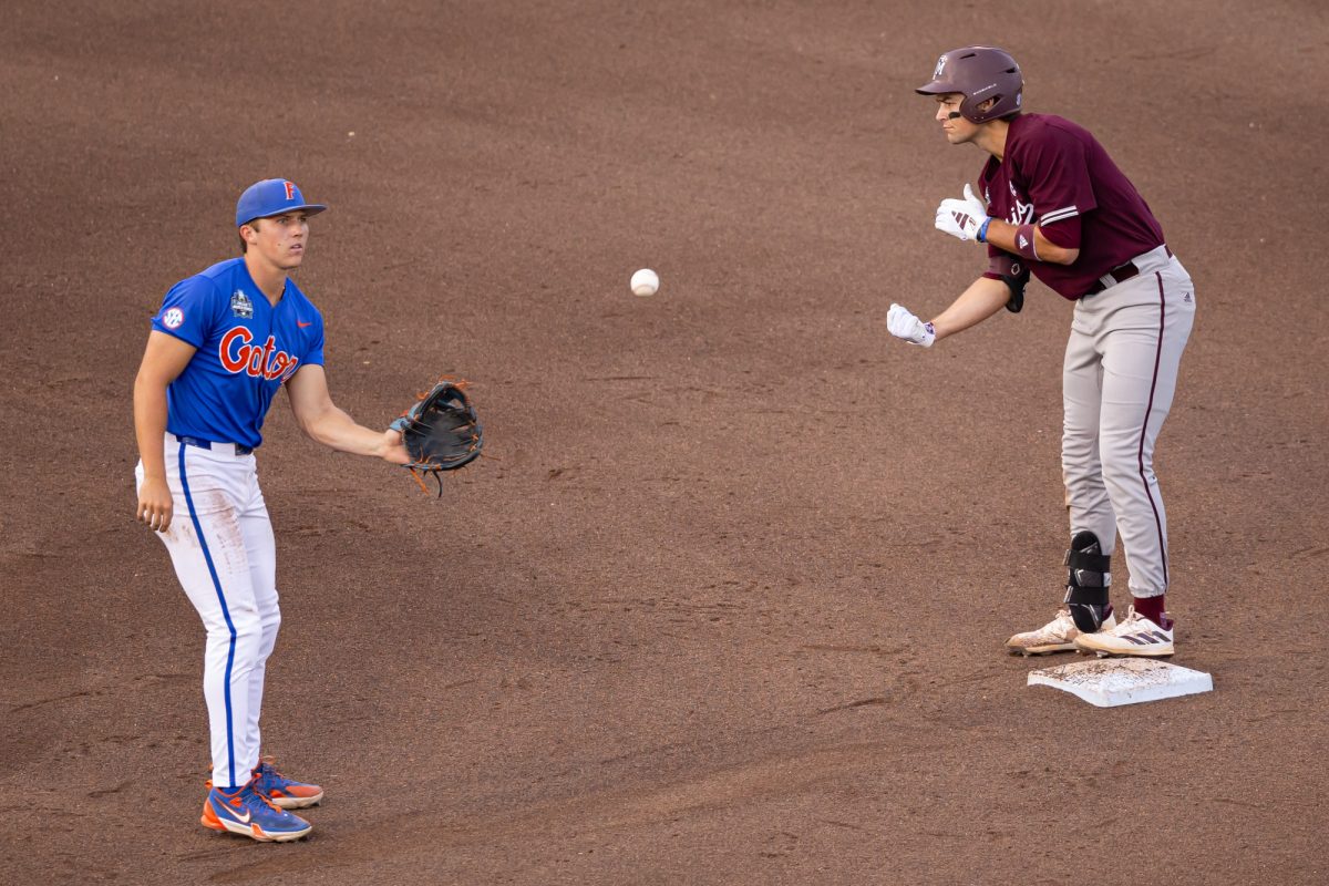 Texas A&M infielder Kaeden Kent (3) reacts after hitting a double during Texas A&M’s game against Florida at the NCAA Men’s College World Series semifinals at Charles Schwab Field in Omaha, Nebraska on Wednesday, June 19, 2024. (Chris Swann/The Battalion)