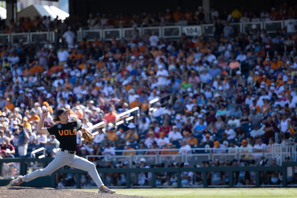 Tennessee pitcher Kirby Connell (35) during Texas A&M’s game against Tennessee at the NCAA Men’s College World Series finals at Charles Schwab Field in Omaha, Nebraska on Saturday, June 22, 2024. (Chris Swann/The Battalion)