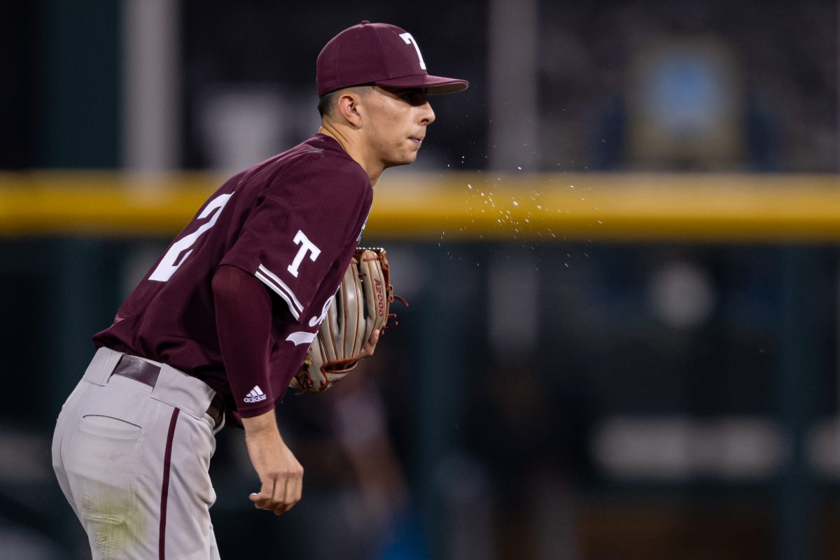 Texas A&M infielder Ali Camarillo (2) during Texas A&M’s game against Florida at the NCAA Men’s College World Series semifinals at Charles Schwab Field in Omaha, Nebraska on Wednesday, June 19, 2024. (Chris Swann/The Battalion)