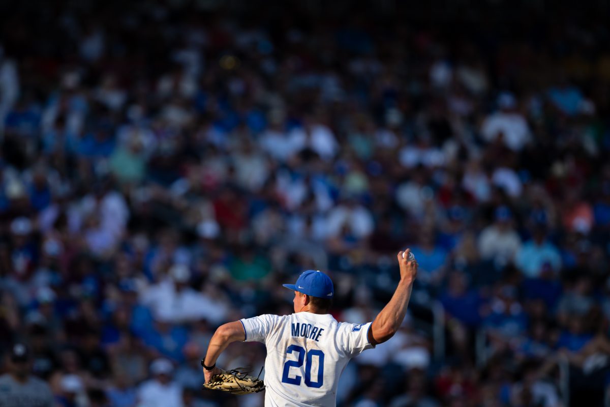 Kentucky pitcher Mason Moore (20) delivers a pitch during Texas A&M’s game against Kentucky at the NCAA Men’s College World Series at in Omaha, Nebraska on Monday, June 17, 2024. (Chris Swann/The Battalion)