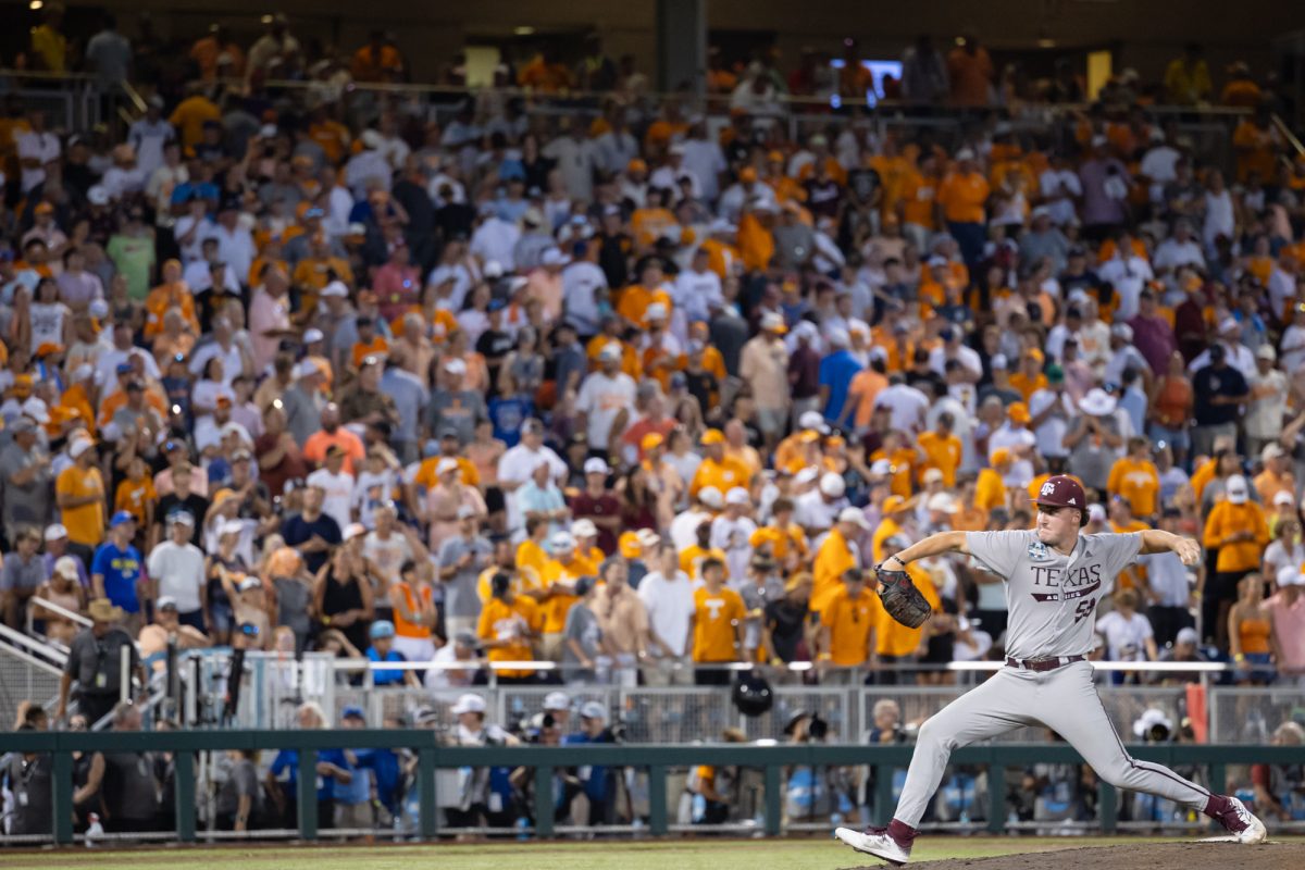 Texas A&M pitcher Evan Aschenbeck (53) delivers a pitch during Texas A&M’s game against Tennessee at the NCAA Men’s College World Series finals at Charles Schwab Field in Omaha, Nebraska on Monday, June 24, 2024. (Chris Swann/The Battalion)