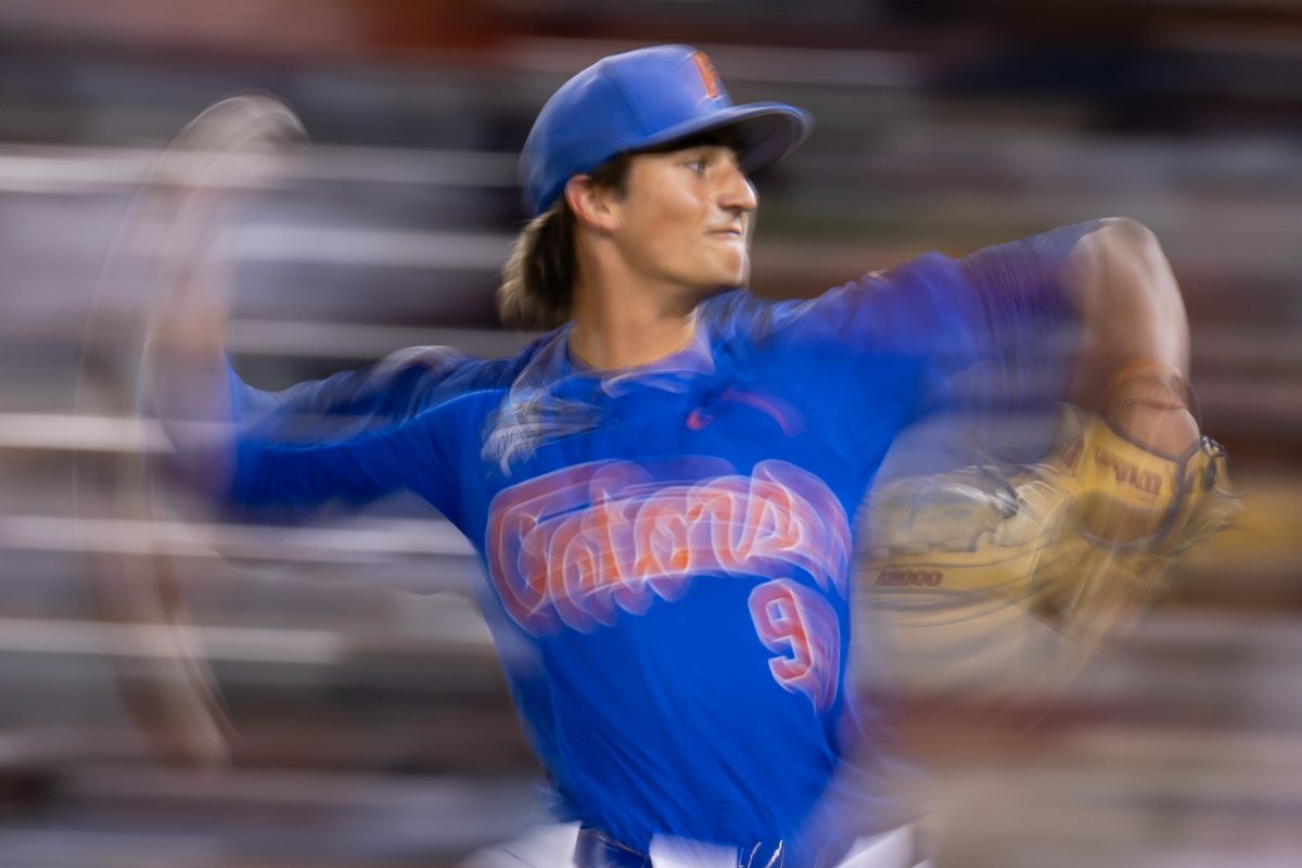 Florida pitcher Luke McNeillie (9) delivers a pitch during Texas A&M’s game against Florida at the NCAA Men’s College World Series semifinals at Charles Schwab Field in Omaha, Nebraska on Wednesday, June 19, 2024. (Chris Swann/The Battalion)