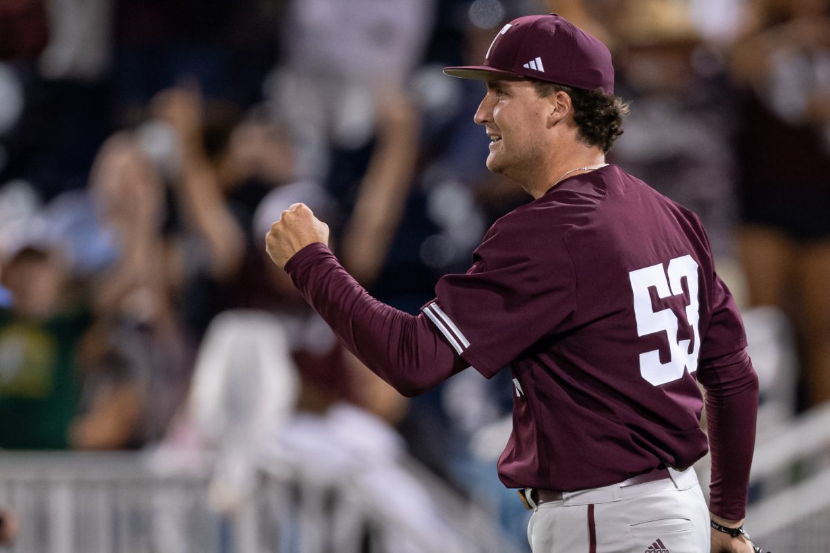 Texas A&M pitcher Evan Aschenbeck (53) reacts after the final out to send the Aggies to the championship series during Texas A&M’s game against Florida at the NCAA Men’s College World Series semifinals at Charles Schwab Field in Omaha, Nebraska on Wednesday, June 19, 2024. (Chris Swann/The Battalion)