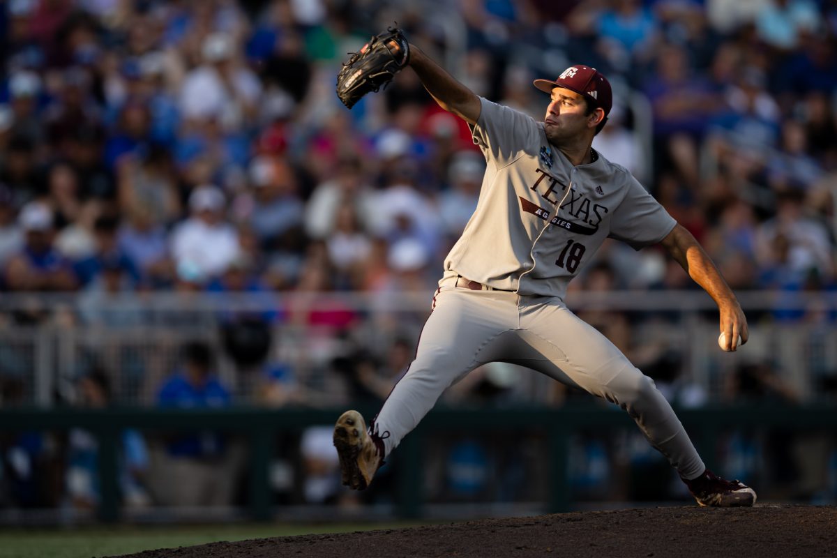 Texas A&M pitcher Ryan Prager (18) dlivers a pitch during Texas A&M’s game against Kentucky at the NCAA Men’s College World Series at in Omaha, Nebraska on Monday, June 17, 2024. Prager went for 6.2 innings, allowing two hits and zero runs. (Chris Swann/The Battalion)
