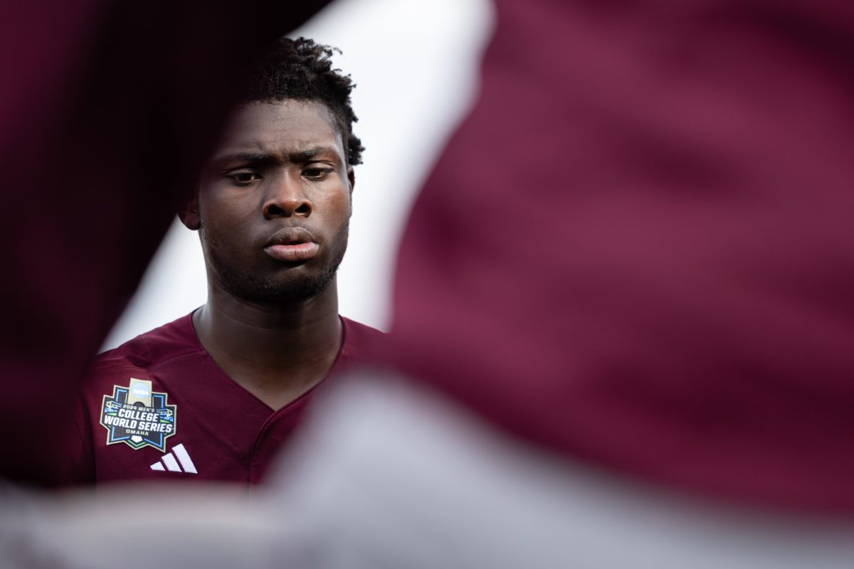 Texas A&M pitcher Eldridge Armstrong III (15) before Texas A&M’s game against Florida at the NCAA Men’s College World Series semifinals at Charles Schwab Field in Omaha, Nebraska on Wednesday, June 19, 2024. (Chris Swann/The Battalion)