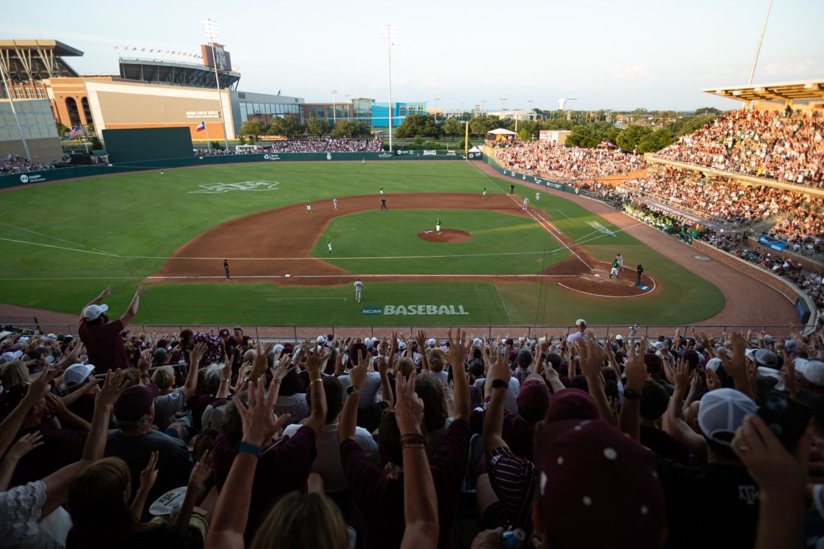 Fans chant “ball five” during Texas A&M’s game against Oregon at the NCAA Bryan-College Station Super Regional at Olsen Field on Sunday, June 9, 2024. (Chris Swann/The Battalion)