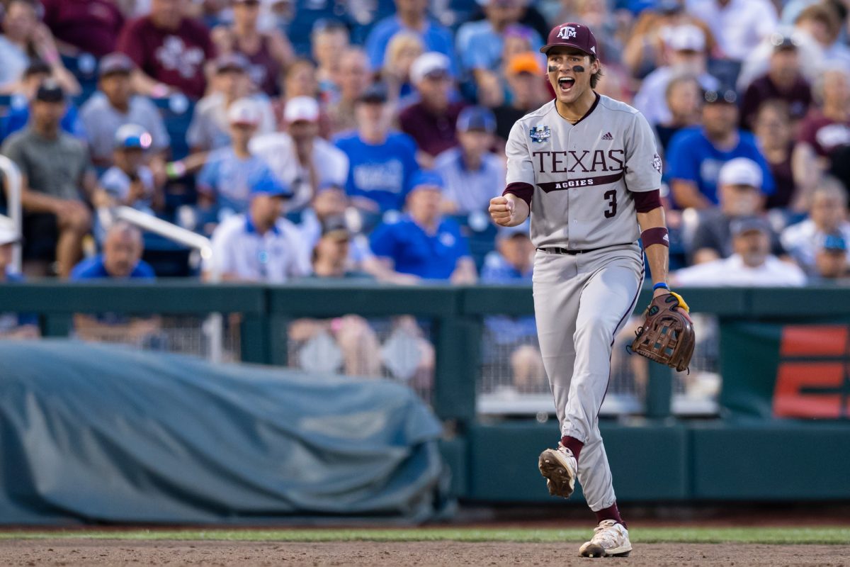 Texas A&M infielder Kaeden Kent (3) reacts after Texas A&M pitcher Josh Stewart (34) strikes out a Wildcat batter during Texas A&M’s game against Kentucky at the NCAA Men’s College World Series at in Omaha, Nebraska on Monday, June 17, 2024. (Chris Swann/The Battalion)