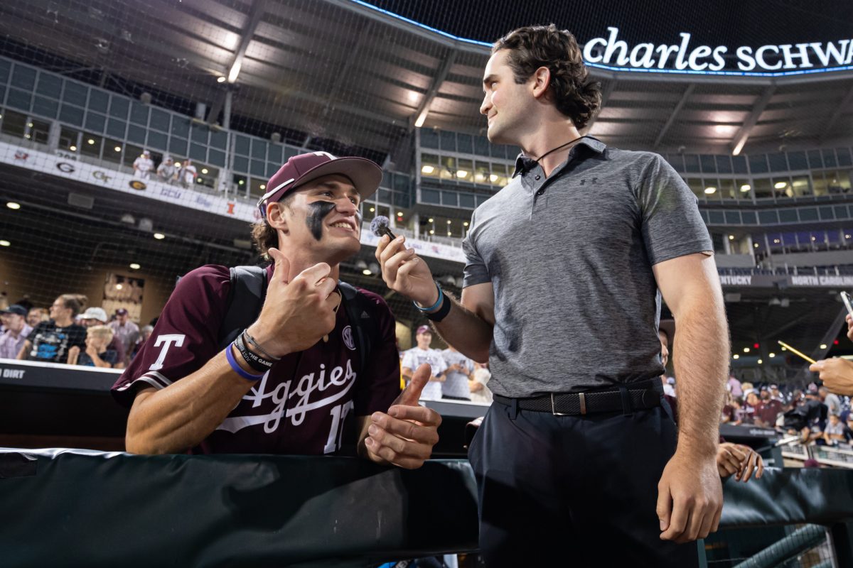 Texas A&M outfielder Jace Laviolette (17) is interviewed after Texas A&M’s win against Florida at the NCAA Men’s College World Series semifinals at Charles Schwab Field in Omaha, Nebraska on Wednesday, June 19, 2024. (Chris Swann/The Battalion)