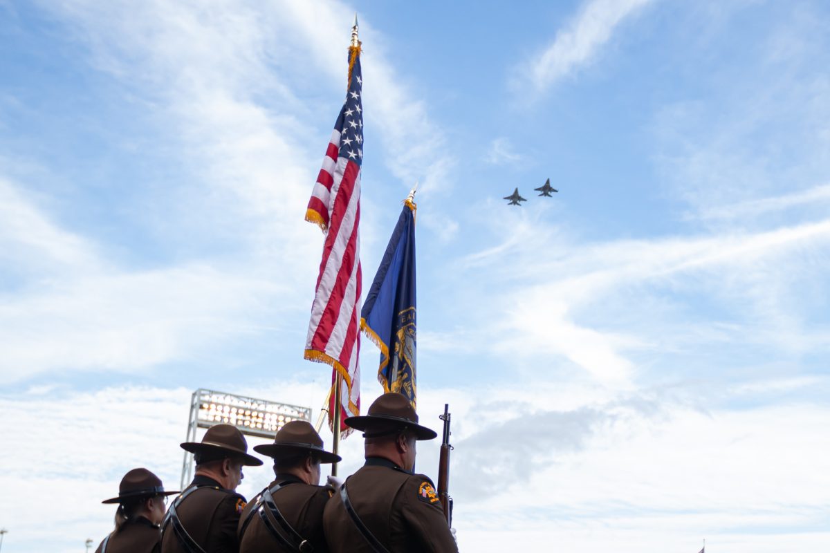 Jets fly over the stadium before Texas A&M’s game against Tennessee at the NCAA Men’s College World Series finals at Charles Schwab Field in Omaha, Nebraska on Saturday, June 22, 2024. (Chris Swann/The Battalion)