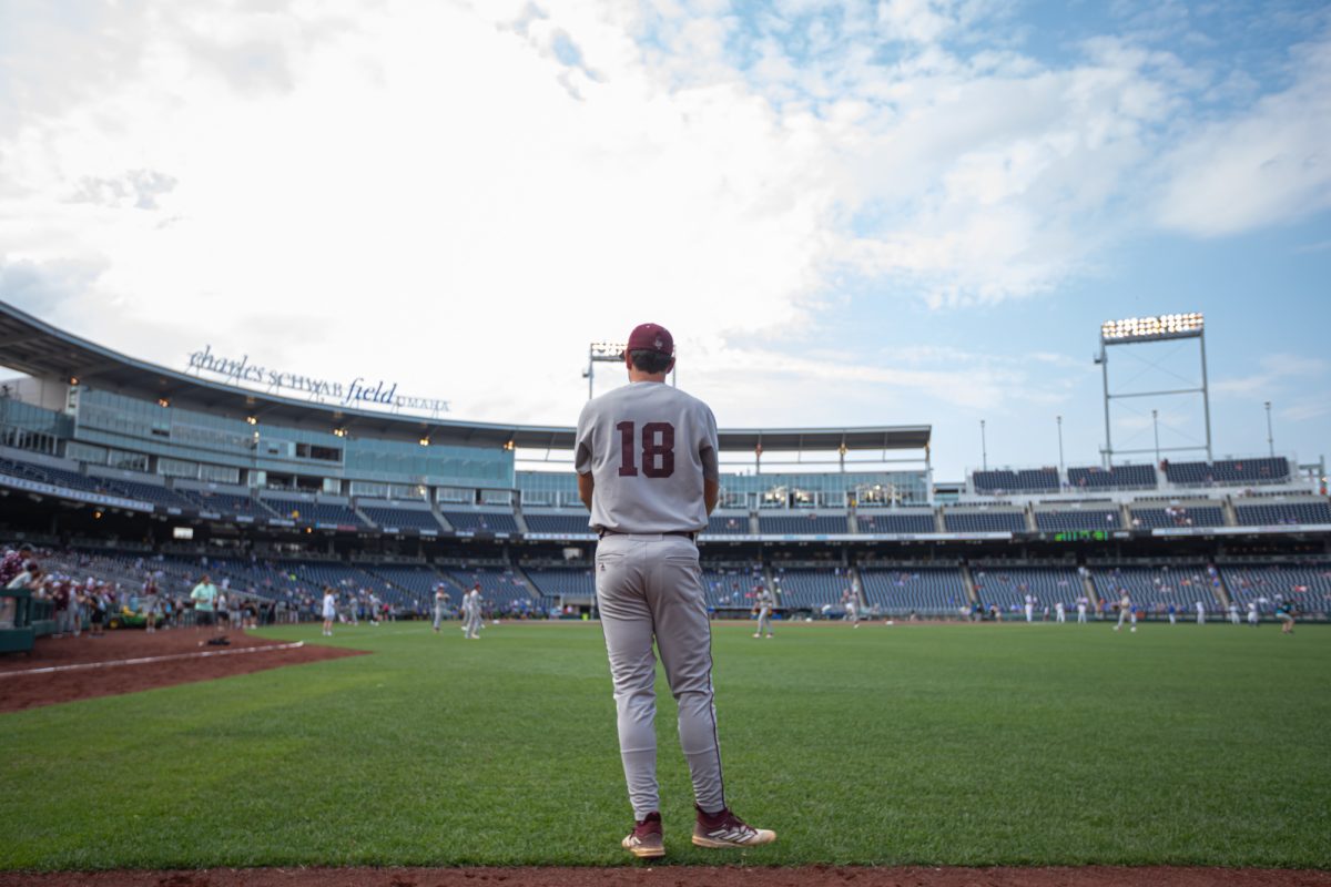 Texas A&M pitcher Ryan Prager (18) before Texas A&M’s game against Kentucky at the NCAA Men’s College World Series at in Omaha, Nebraska on Monday, June 17, 2024. (Chris Swann/The Battalion)