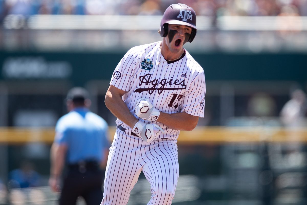 Texas A&M outfielder Jace Laviolette (17) reacts after hitting a home-run during Texas A&M’s game against Tennessee at the NCAA Men’s College World Series finals at Charles Schwab Field in Omaha, Nebraska on Saturday, June 22, 2024. (Chris Swann/The Battalion)