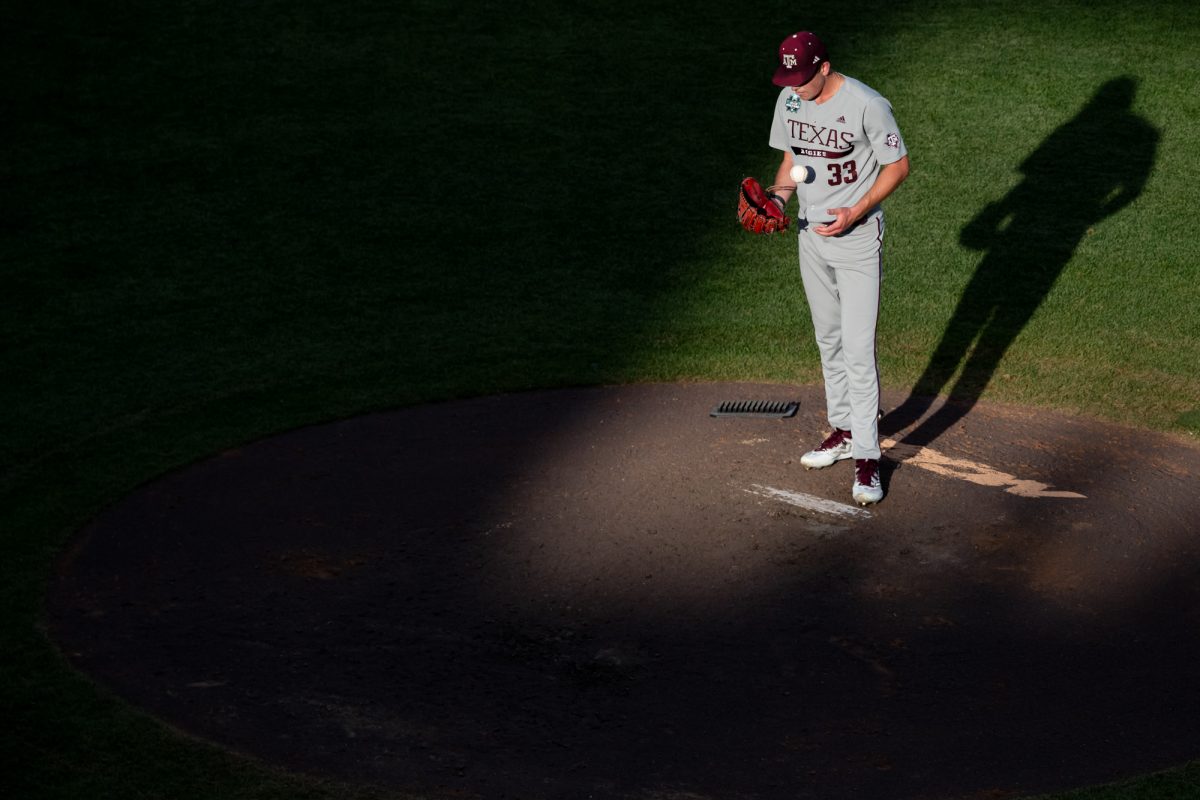 Texas A&M pitcher Justin Lamkin (33) during Texas A&M’s game against Tennessee at the NCAA Men’s College World Series finals at Charles Schwab Field in Omaha, Nebraska on Monday, June 24, 2024. (Chris Swann/The Battalion)