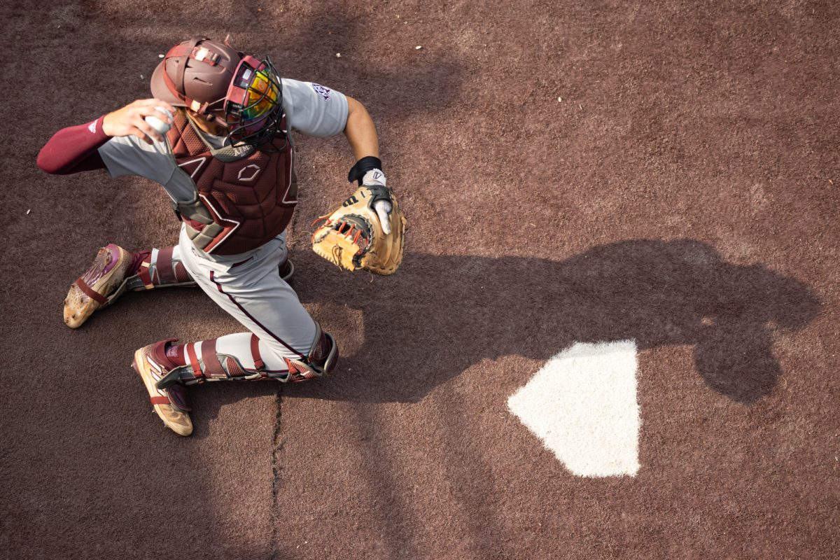 Texas A&M catcher Hank Bard (48) warms up in the bullpen before Texas A&M’s game against Kentucky at the NCAA Men’s College World Series at in Omaha, Nebraska on Monday, June 17, 2024. (Chris Swann/The Battalion)