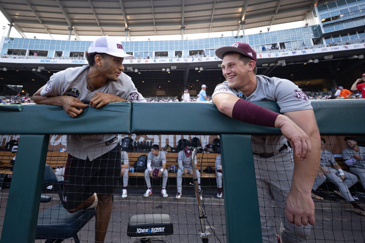 Texas A&M outfielder Braden Montgomery (6) and Texas A&M catcher Max Kaufer (11) before Texas A&M’s game against Kentucky at the NCAA Men’s College World Series at in Omaha, Nebraska on Monday, June 17, 2024. (Chris Swann/The Battalion)